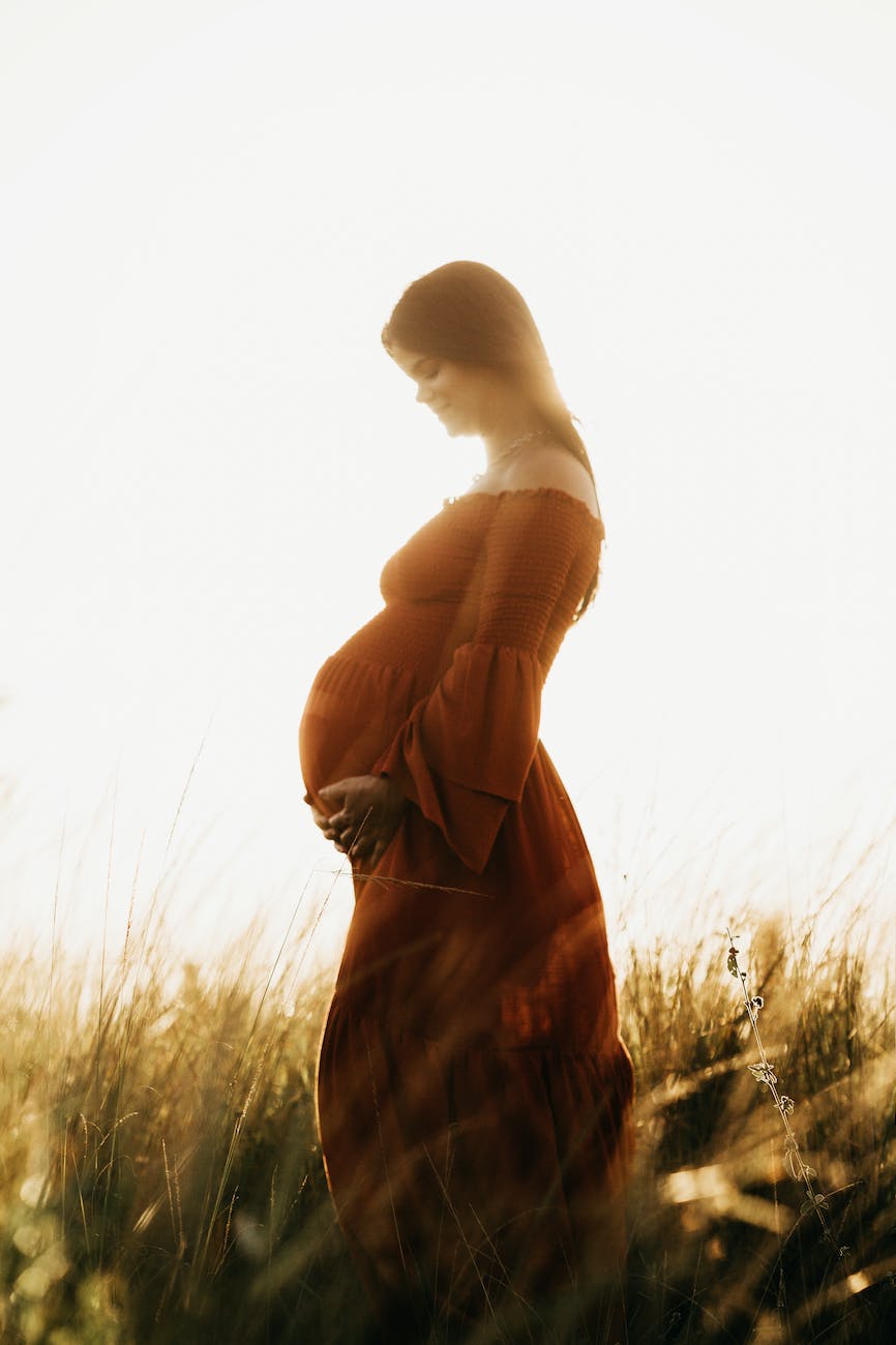 pregnant woman standing in grassy meadow